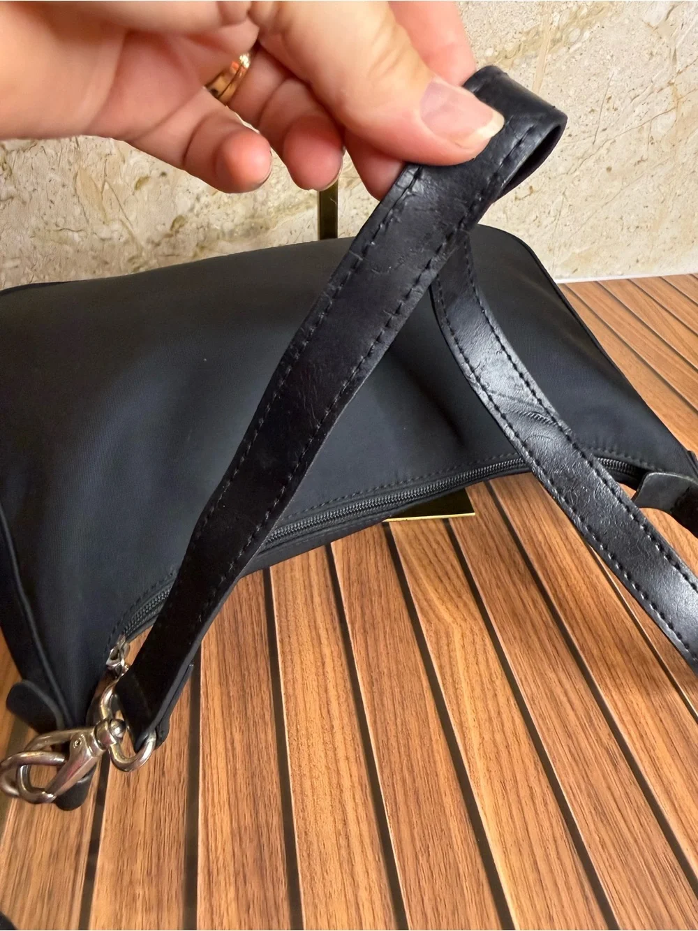 Longchamp Black Nylon Leather Hobo Shoulder Bag Silver Hardware